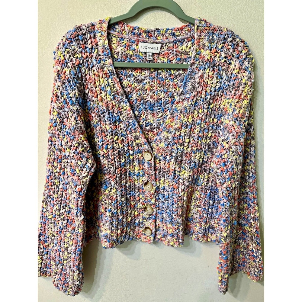 Lucy Paris Women S Confetti Knit Cardigan Sweater Cropped Multi Color Button Up